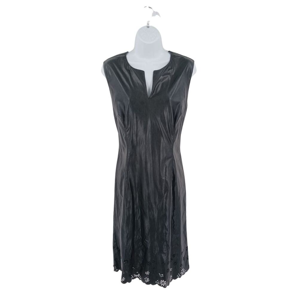 Vision Apparel Black Faux Leather Floral Cutout Trim Midi Dress Sz Large